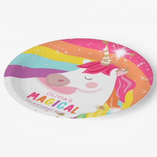 ユニコーン紙プレートピンクレインボーマジカル誕生日 ペーパープレート (アングル)
