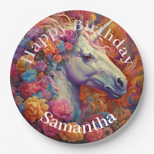 ユニコーン素晴らしハッピーバースデー ペーパープレート (正面)