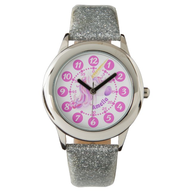 ユニコーン紫色のピンクアートキッズ簡単読時計 腕時計 (正面)