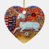 ユニコーン羊皮紙ハートモノグラム、赤ルビー玉石 セラミックオーナメント (裏面)