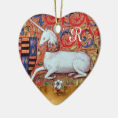 ユニコーン羊皮紙ハートモノグラム、赤ルビー玉石 セラミックオーナメント (左)