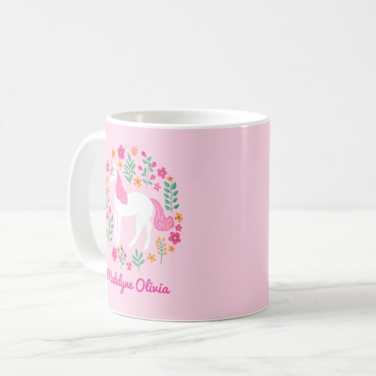ユニコーン花かわいいピンクパーソナライズされたの名前 コーヒーマグカップ (正面左)