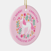 ユニコーン花かわいいピンクパーソナライズされたの名前 セラミックオーナメント (右)