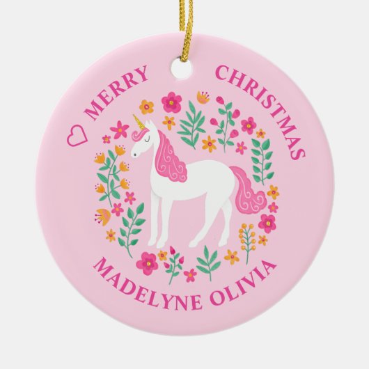 ユニコーン花かわいいピンクパーソナライズされたの名前 セラミックオーナメント (正面)