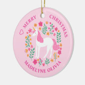 ユニコーン花かわいいピンクパーソナライズされたの名前 セラミックオーナメント (左)