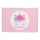 ユニコーン花かわいいピンクパーソナライズされたの名前 枕カバー (裏面)