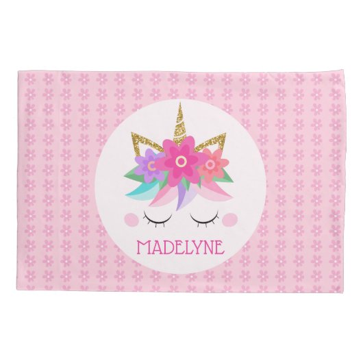 ユニコーン花かわいいピンクパーソナライズされたの名前 枕カバー (裏面)