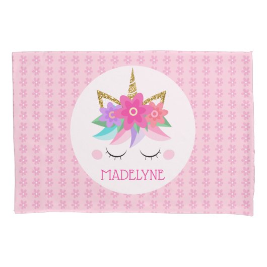 ユニコーン花かわいいピンクパーソナライズされたの名前 枕カバー (正面)