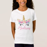 ユニコーン花パーソナライズされた名シャツ Tシャツ<br><div class="desc">キラキラとフェミニン一角獣のシャツで黒い睫毛と花を特徴。名前または年齢でカスタマイズし、名前の色を子の色に変更お気に入りのする。</div>