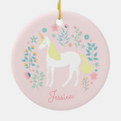 ユニコーン花赤面ピンクパーソナライズされたク セラミックオーナメント (裏面)
