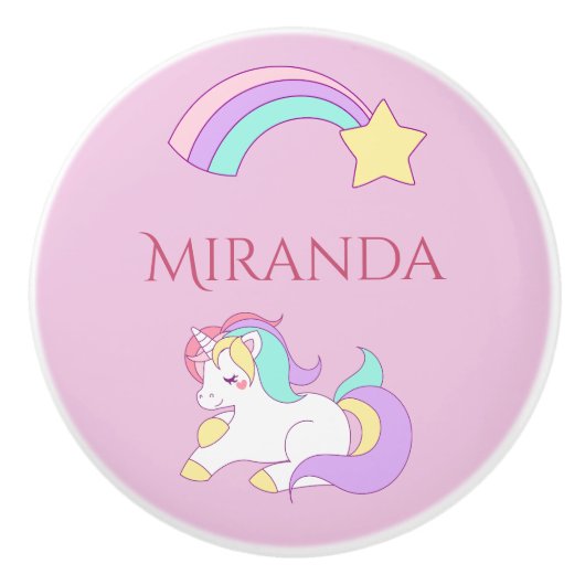 ユニコーン虹のピンクの名前の女の子 セラミックノブ (正面)