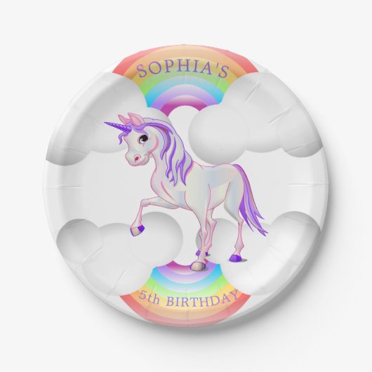 ユニコーン虹の魔法のかわいい誕生日 ペーパープレート (正面)