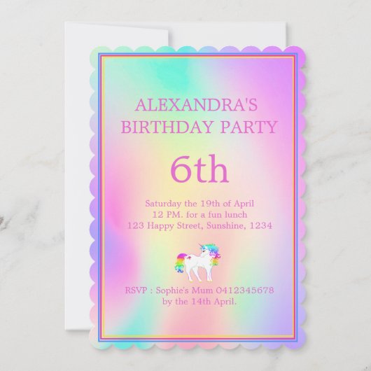 ユニコーン虹の魔法のカラフルかわいい誕生日 招待状 (裏面)