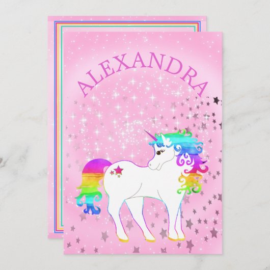 ユニコーン虹の魔法のピンクかわいい誕生日 招待状 (正面/裏面)