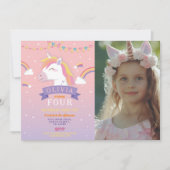 ユニコーン虹フォトバースデーパーティーピンクスターズ 招待状 (正面)