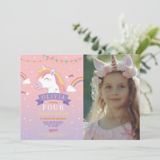 ユニコーン虹フォトバースデーパーティーピンクスターズ 招待状 (スタンド正面)