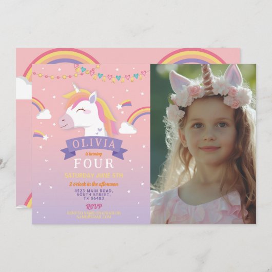 ユニコーン虹フォトバースデーパーティーピンクスターズ 招待状 (正面/裏面)