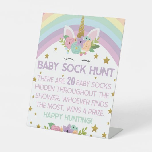ユニコーン虹ベビー靴下狩りベビーシャワーゲーム 台座サイン (正面)