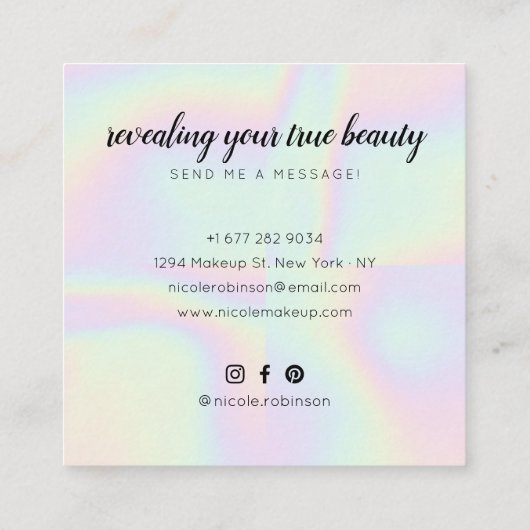 ユニコーン虹ホログラフィモダンーのメイクアップアーティスト スクエア名刺 (裏面)