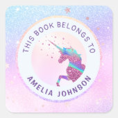 ユニコーン虹色ピンク・ブルーこの本は次の物に属する スクエアシール (正面)