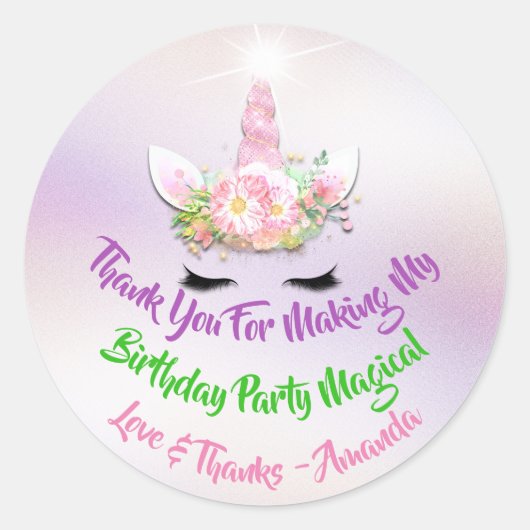 ユニコーン誕生日の好意ピンクスパーク金ゴールドフローラブルー ラウンドシール (正面)