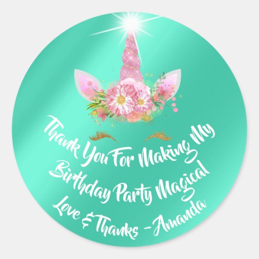 ユニコーン誕生日の好意ピンクスパーク金ゴールドフローラミント ラウンドシール (正面)