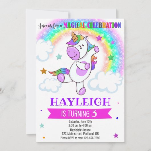 ユニコーン誕生日の招待マジカルレインボーパーティー 招待状 (正面)