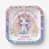ユニコーン誕生日ガールピンクレインボーグリッター ペーパープレート (正面)