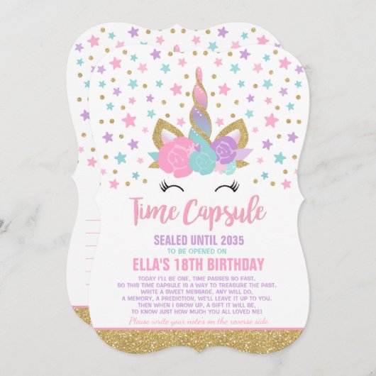 ユニコーン誕生日ゲストブックタイムカプセル（メモ付き） 招待状 (正面/裏面)