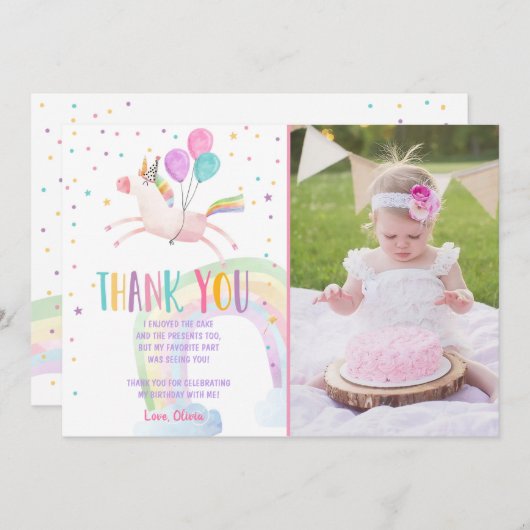 ユニコーン誕生日サンキューカードピンクマジカル サンキューカード (正面/裏面)