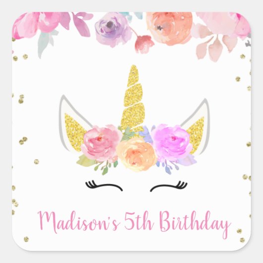 ユニコーン誕生日ステッカーラベル スクエアシール (正面)