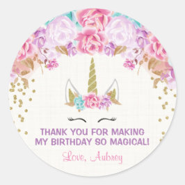 ユニコーン誕生日ステッカー、ピンクと金ゴールド ラウンドシール