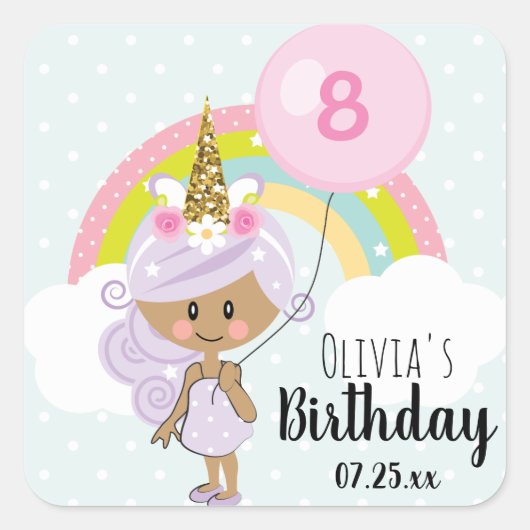 ユニコーン誕生日パーティーありがとうダークスキントーン スクエアシール (正面)