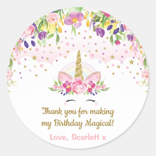 ユニコーン誕生日パーティーがピンクの金ゴールドフローラを支持 ラウンドシール (正面)