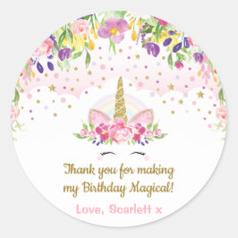 ユニコーン誕生日パーティーがピンクの金ゴールドフローラを支持 ラウンドシール