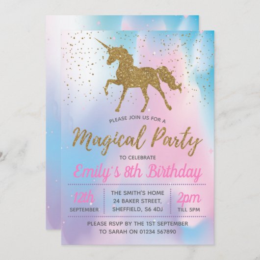 ユニコーン誕生日パーティーの招待状 招待状 (正面/裏面)