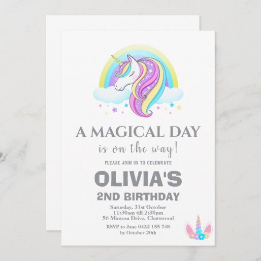 ユニコーン誕生日パーティーの装飾 招待状 (正面/裏面)