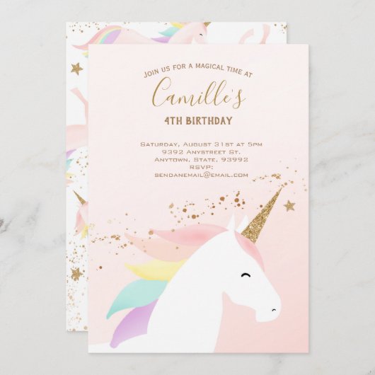 ユニコーン誕生日パーティーへの誘モダン導 招待状 (正面/裏面)