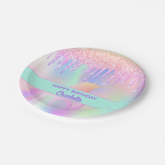 ユニコーン誕生日パーティーピンクの女の子 ペーパープレート (アングル)