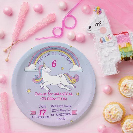ユニコーン誕生日パーティープレート-名前をカスタムする&年齢 ペーパープレート (パーティー)