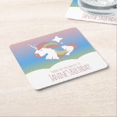 ユニコーン誕生日パーティー雲のグラデーションカラフル表示 スクエアペーパーコースター (アングル)