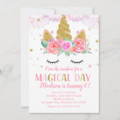 ユニコーン誕生日パーティー ゴールドグリッター フラワー 招待状 (正面)