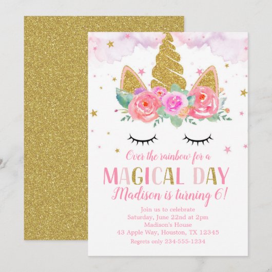 ユニコーン誕生日パーティー ゴールドグリッター フラワー 招待状 (正面/裏面)