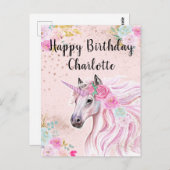 ユニコーン誕生日ピンクターコイズフラワーカスタムネーム ポストカード (正面/裏面)