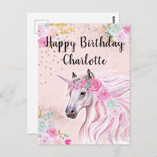 ユニコーン誕生日ピンクターコイズフラワーカスタムネーム ポストカード (正面/裏面)