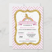 ユニコーン誕生日ピンクパーティー金ゴールドグリッターレインボー 招待状 (正面)