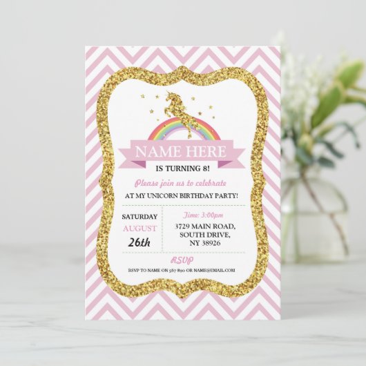 ユニコーン誕生日ピンクパーティー金ゴールドグリッターレインボー 招待状 (スタンド正面)