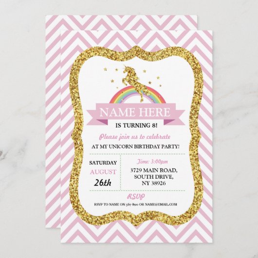 ユニコーン誕生日ピンクパーティー金ゴールドグリッターレインボー 招待状 (正面/裏面)