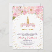 ユニコーン誕生日ピンク美しいフローラ招待状、 招待状 (正面)