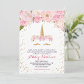 ユニコーン誕生日ピンク美しいフローラ招待状、 招待状 (スタンド正面)